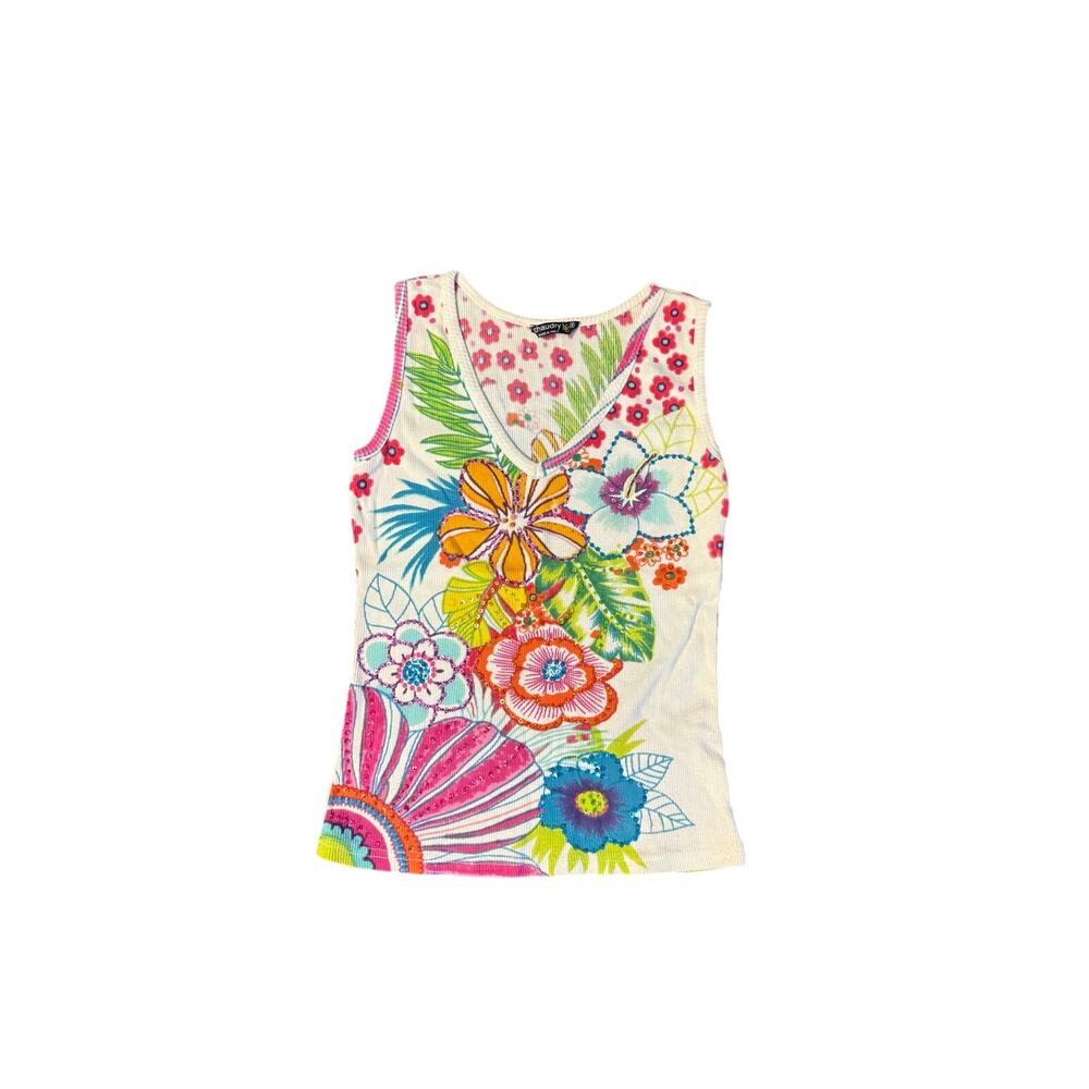 Chaudry KC Floral print Embellished Sleeveless Top Cotton Sz S India Boho Y2K